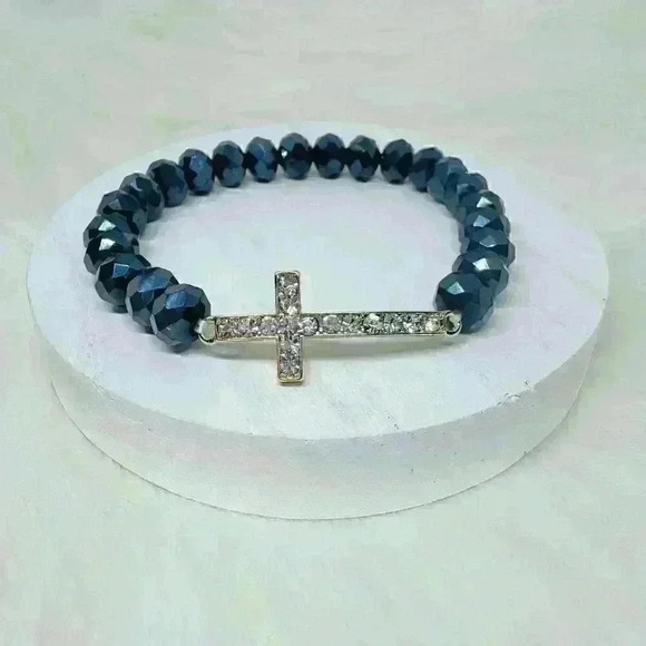 Navy Blue Beaded Bracelet with Rhinestones Cross - Picture 1 of 6